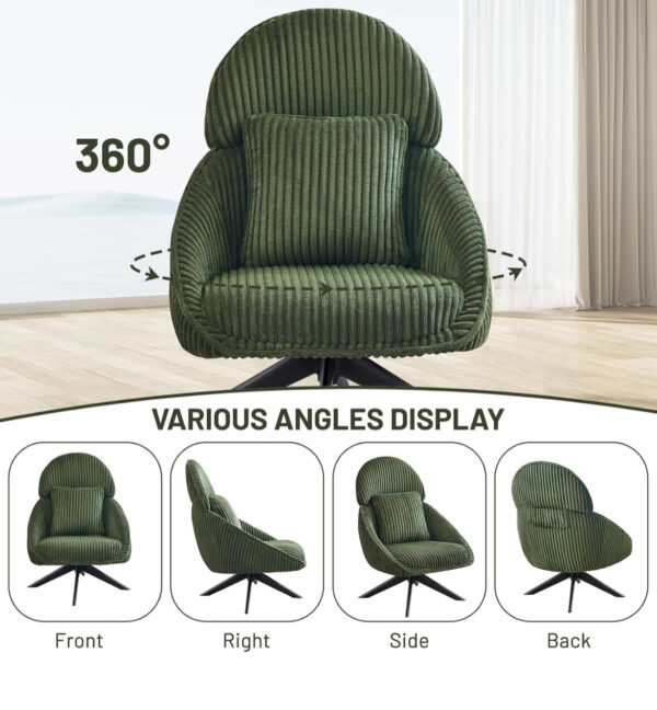 Furniliving Upholstered Swivel Accent Chair for Living Room, Modern Armchair Side Chair with Headrest Bedroom Chair with Metal Legs Comfy Sofa Chairs with Pillow, Large, Corduroy, Green - Image 3