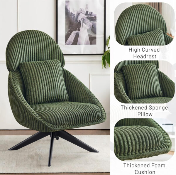 Furniliving Upholstered Swivel Accent Chair for Living Room, Modern Armchair Side Chair with Headrest Bedroom Chair with Metal Legs Comfy Sofa Chairs with Pillow, Large, Corduroy, Green - Image 4