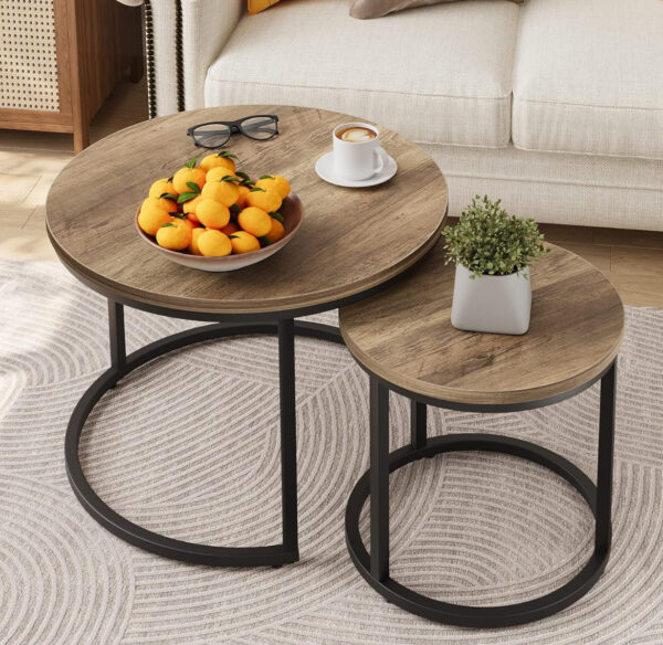 Smuxee Nesting Coffee Table Set of 2, 23.6" Round Coffee Table Wood Grain Top with Adjustable Non-Slip Feet, Industrial End Table Side Tables for Living Room Bedroom Balcony Yard - Image 2