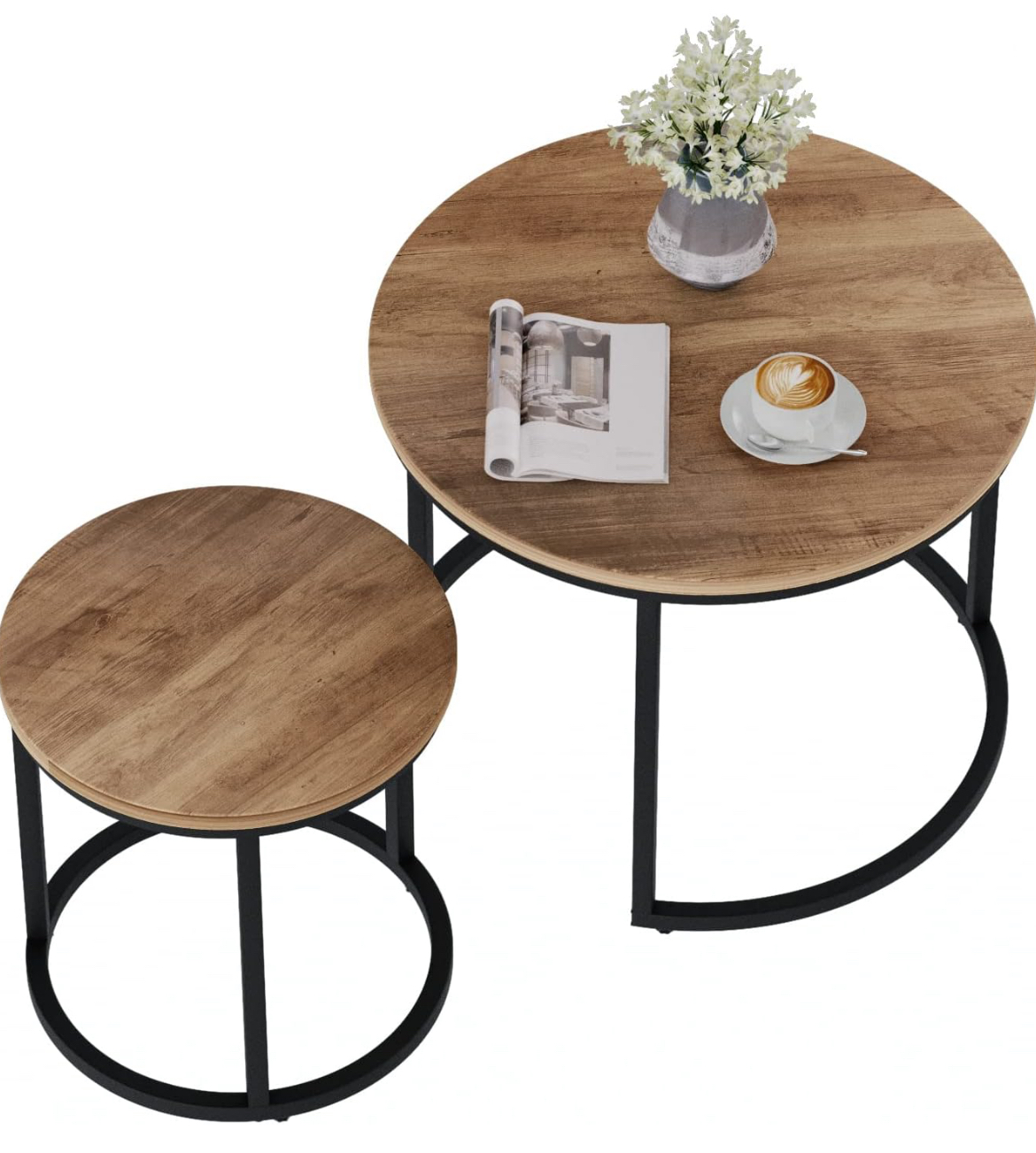 Smuxee Nesting Coffee Table Set of 2, 23.6″ Round Coffee Table Wood Grain Top with Adjustable Non-Slip Feet, Industrial End Table Side Tables for Living Room Bedroom Balcony Yard