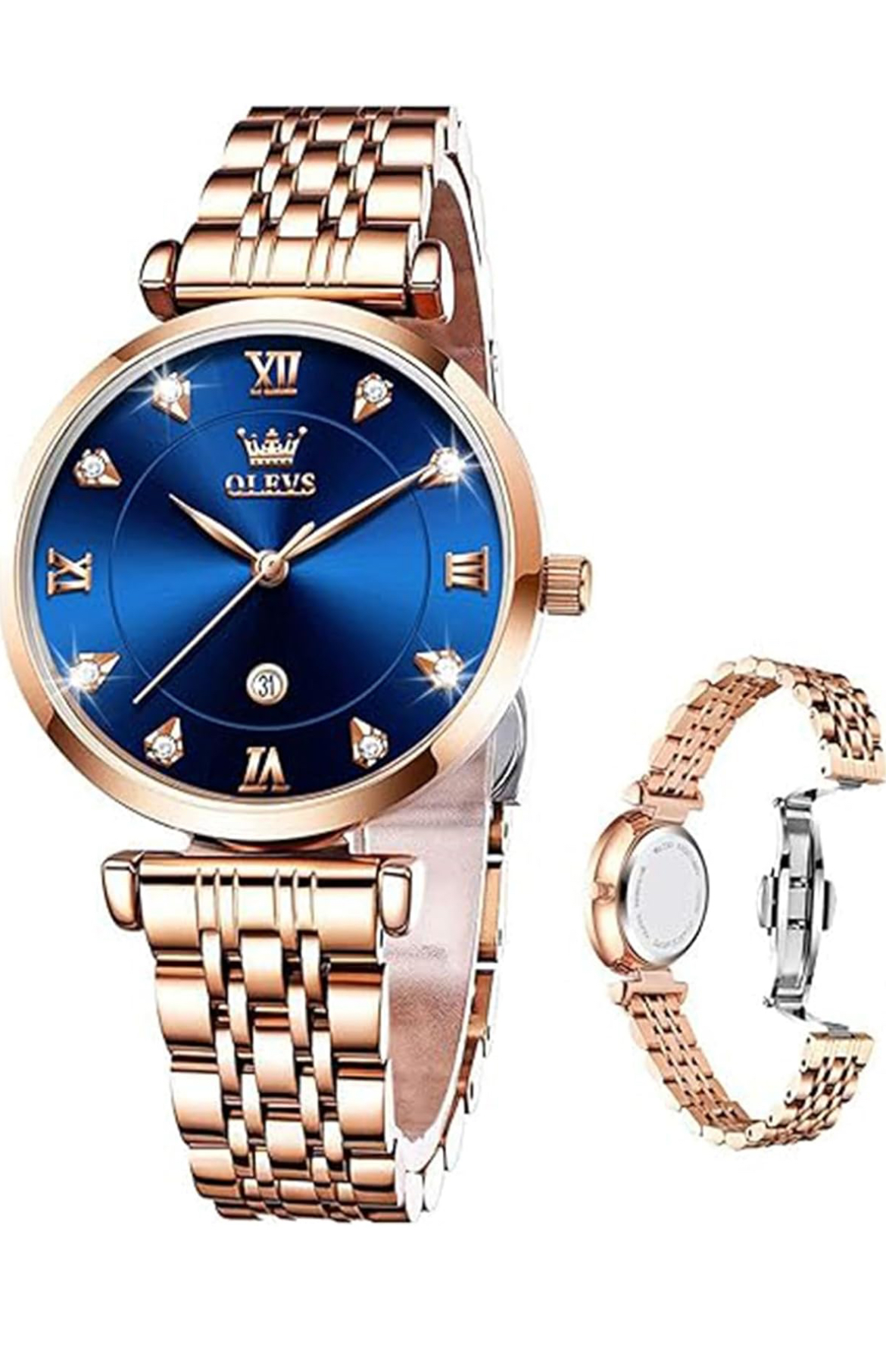 OLEVS Women Watches Simple Dress Ladies Watch Rose Gold Stainless Steel Watch Waterproof Quartz Date Luxury Diamond Small Wristwatch Fashion Analog Female Reloj Mujer Blue White Green Red Yellow Face