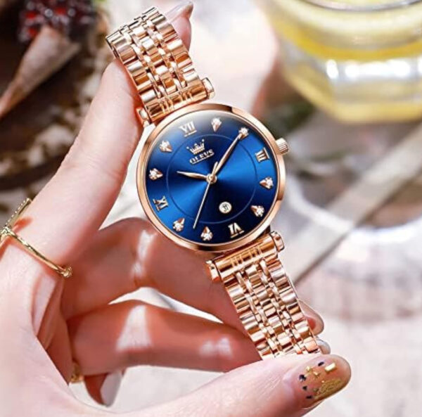 OLEVS Women Watches Simple Dress Ladies Watch Rose Gold Stainless Steel Watch Waterproof Quartz Date Luxury Diamond Small Wristwatch Fashion Analog Female Reloj Mujer Blue White Green Red Yellow Face - Image 2