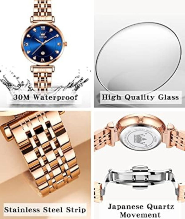 OLEVS Women Watches Simple Dress Ladies Watch Rose Gold Stainless Steel Watch Waterproof Quartz Date Luxury Diamond Small Wristwatch Fashion Analog Female Reloj Mujer Blue White Green Red Yellow Face - Image 3