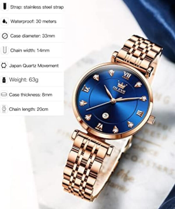 OLEVS Women Watches Simple Dress Ladies Watch Rose Gold Stainless Steel Watch Waterproof Quartz Date Luxury Diamond Small Wristwatch Fashion Analog Female Reloj Mujer Blue White Green Red Yellow Face - Image 4