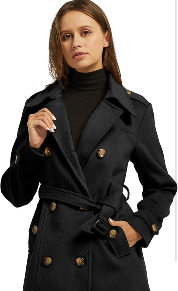 wantdo Women's Double Breasted Pea Coat Winter Mid-Long Trench Coat with Belt - Image 3