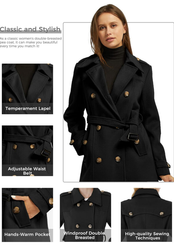 wantdo Women's Double Breasted Pea Coat Winter Mid-Long Trench Coat with Belt - Image 4