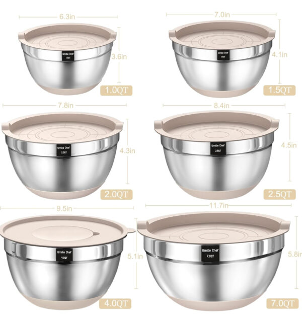 Mixing Bowls with Airtight Lids Set, 26PCS Stainless Steel Khaki Bowls with Grater Attachments, Non-Slip Bottoms & Kitchen Gadgets Set, Size 7, 4, 2.5, 2.0,1.5, 1QT, Great for Mixing & Serving - Image 3