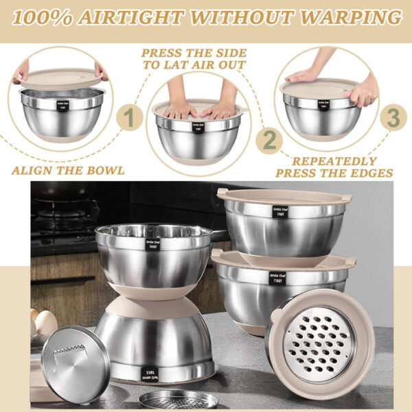 Mixing Bowls with Airtight Lids Set, 26PCS Stainless Steel Khaki Bowls with Grater Attachments, Non-Slip Bottoms & Kitchen Gadgets Set, Size 7, 4, 2.5, 2.0,1.5, 1QT, Great for Mixing & Serving - Image 4