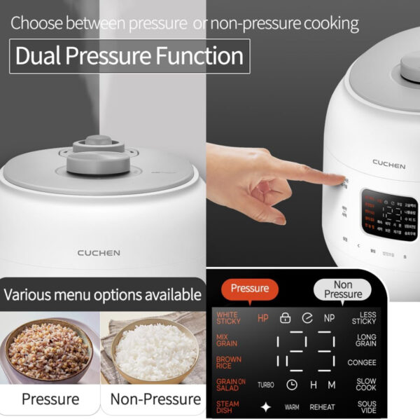 CRS-FWK0640WUS | Dual Heating Pressure Rice Cooker 6 Cup (Uncooked) | High/Non-Pressure | Triple Power Packing | Easy Open Handle | Stainless Cover | Auto Steam Clean | White - Image 3