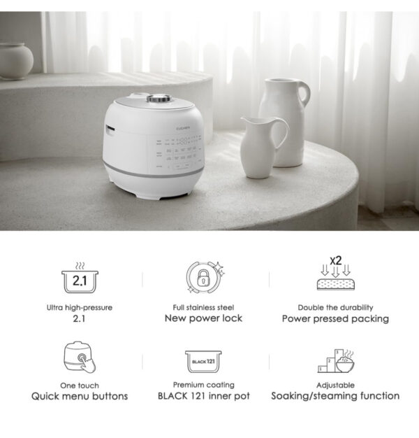 CRT-RPK1070WUS | 2.1 Ultra High-Pressure Induction Heating Rice Cooker 10 Cup (Uncooked) | Full Stainless Power Lock System | Auto Steam Clean | Voice Guide | Made in Korea | White - Image 3