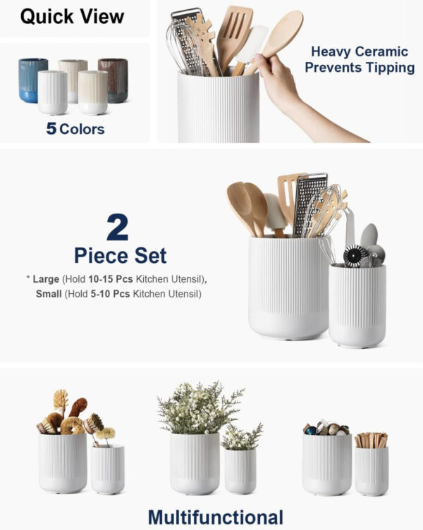 LE TAUCI Utensil Holder, 7.3"+5.4" Ceramic Kitchen Utensil Holder for Countertop, Large Cooking Utensil Crocks for Kitchen Counter, Morden Utensil Organizer for Spatula, Kitchen Decor, Set of 2, White - Image 2