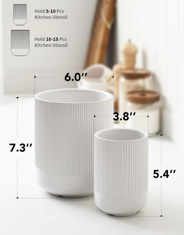 LE TAUCI Utensil Holder, 7.3"+5.4" Ceramic Kitchen Utensil Holder for Countertop, Large Cooking Utensil Crocks for Kitchen Counter, Morden Utensil Organizer for Spatula, Kitchen Decor, Set of 2, White - Image 6