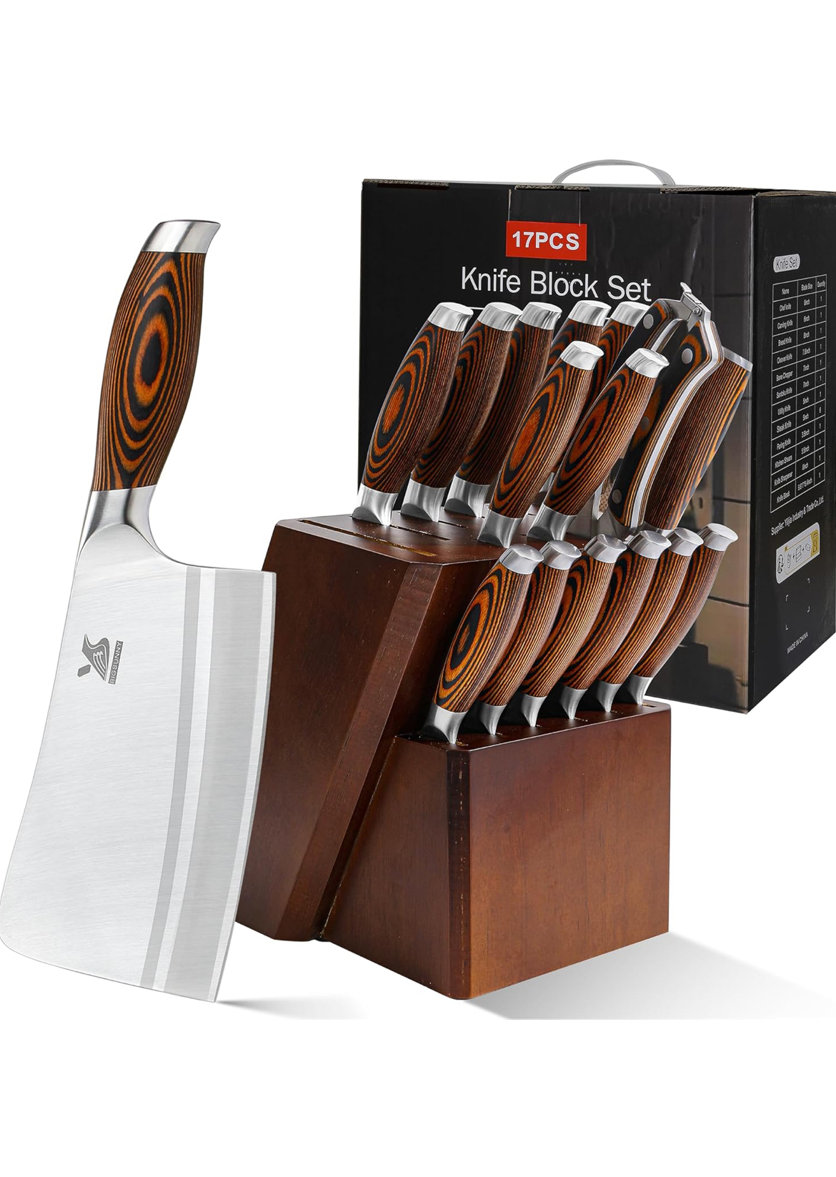 MSY BIGSUNNY Knife Block Set 17-piece Knife Set with Wooden Block – German Steel Perfect Cutlery Set Gift