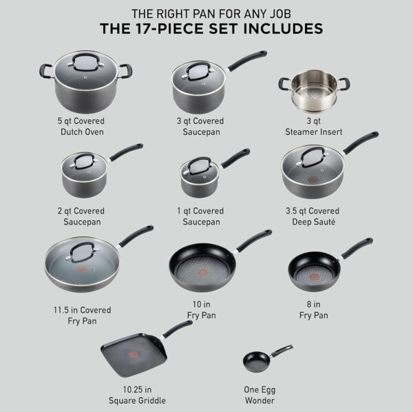 T-fal Ultimate Hard Anodized Nonstick Cookware Set 17 Piece, Oven Broiler Safe 400F, Lid Safe 350F, Kitchen Cooking Set w/ Fry Pans, Saucepans, Saute Pan, Griddle, Pots and Pans, Dishwasher Safe Black - Image 2