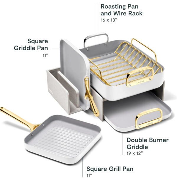 Caraway Square Cookware Set - Square Pans Set - Perfect for Griddling, Toasting, Searing, Roasting, and More - Non-Stick Ceramic Coated Pans - Non Toxic, PTFE & PFOA Free - White - Image 2